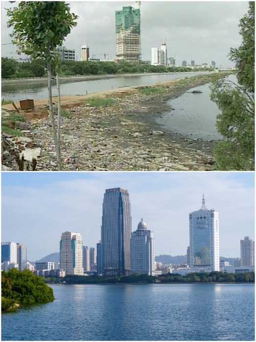 上圖：筼筜湖治理前資料圖。下圖：筼筜湖如今的美麗風(fēng)光。人民網(wǎng)記者 吳超嵐攝