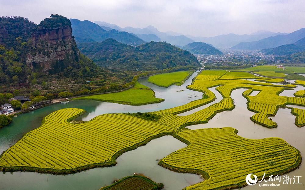 3月28日，航拍浙江省臨海市桃渚鎮(zhèn)桃江十三渚盛開(kāi)的油菜花景色。人民網(wǎng) 章勇濤攝
