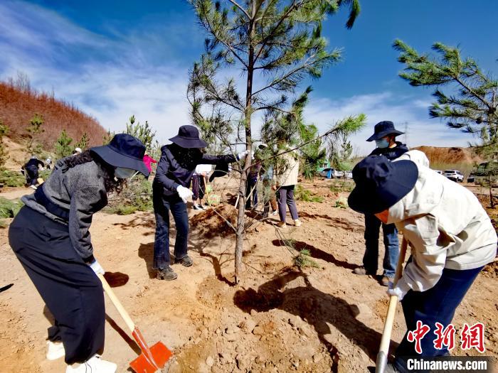 圖為西寧市城東區(qū)干部職工參加義務(wù)植樹。　張?zhí)砀?攝