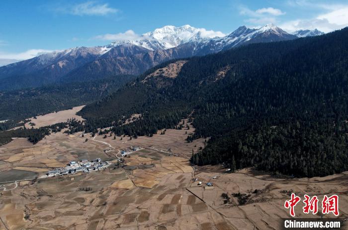 2月17日，西藏林芝魯朗小鎮周邊雪山與牧場。(無人機照片) 李林 攝